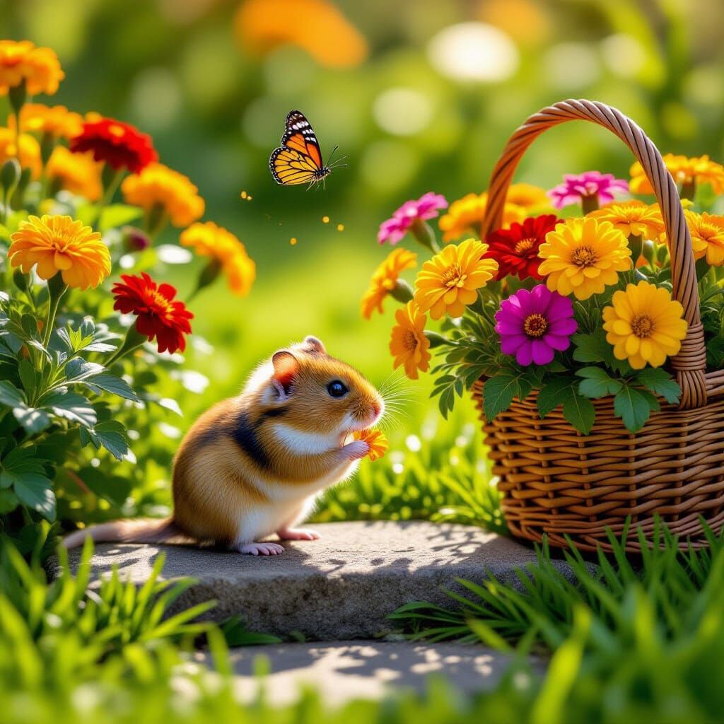 Golden Hamster Nibbles Petal in Sunlit Garden