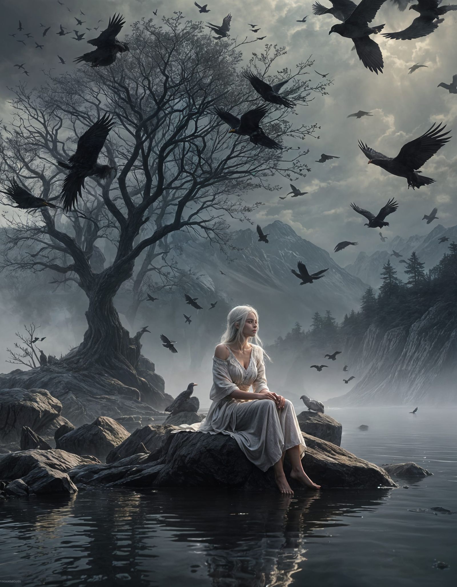 Depressed Woman by Lake: Dark Fantasy Concept Art