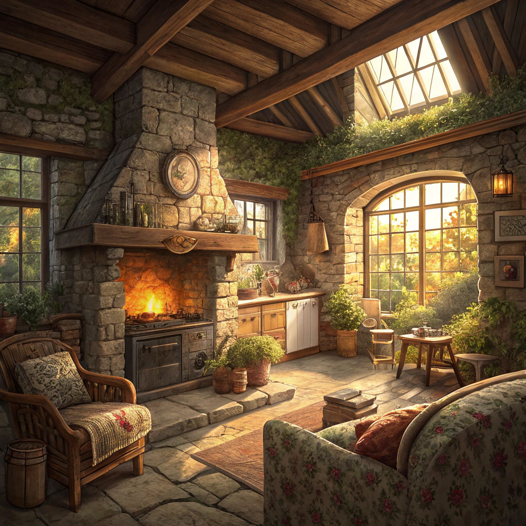 Inviting Limestone Cottage Interior in Impressionist Style