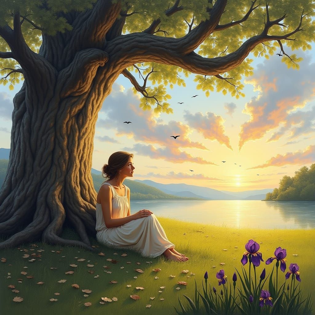 Impressionistic Woman by Ancient Tree with Lake