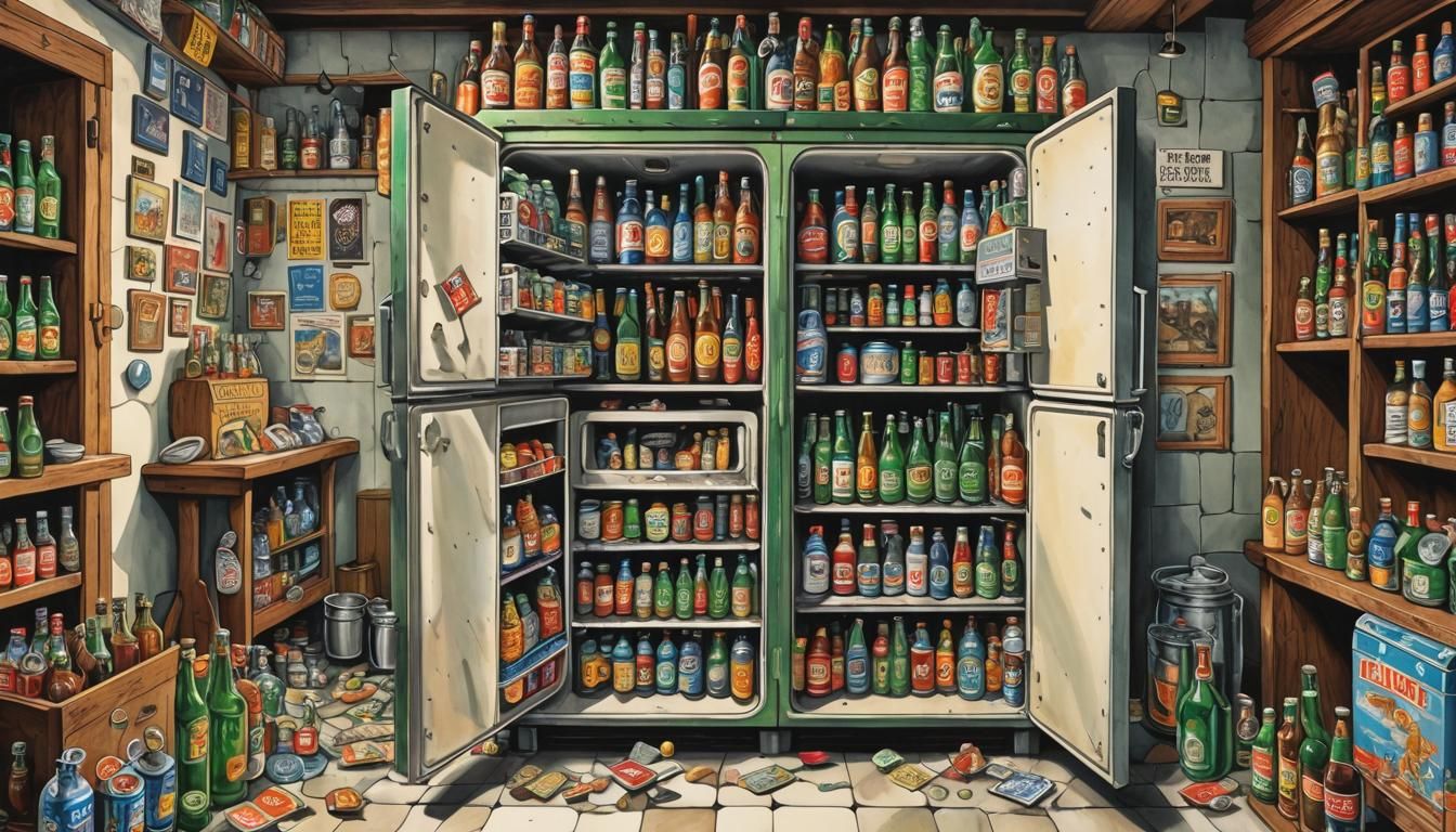 Escher-Inspired Refrigerator Overflowing with Beer