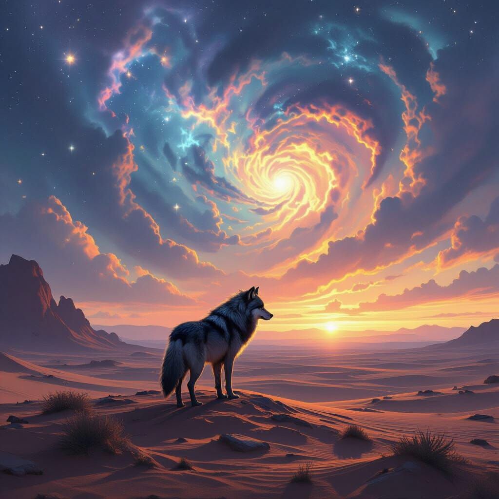 Lone Wolf Contemplates Alien Desert at Dusk
