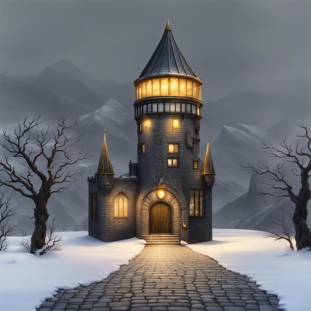 Gloomy Dark Fantasy: Wizard's Tower with Snowy Path
