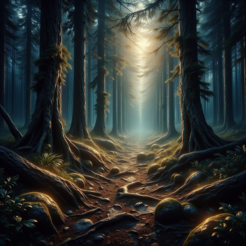 Enchanted Forest with Magic and Gold Glitter