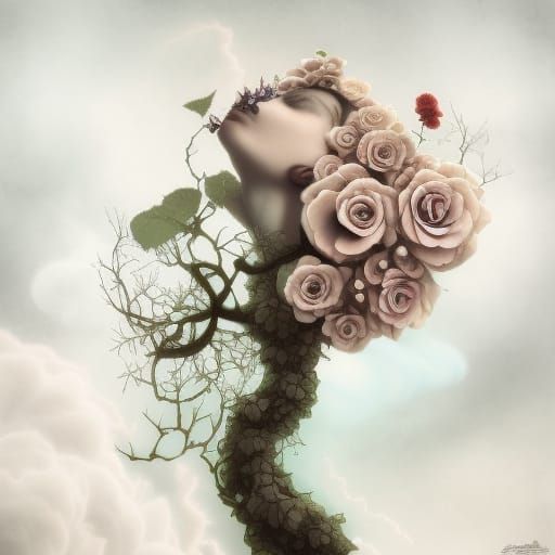 Surreal Dying Oak Tree with Roses and Cobwebs