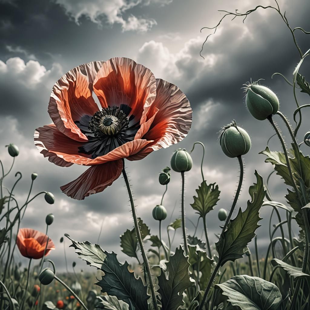 Wind Bends Poppy in Atmospheric Illustration
