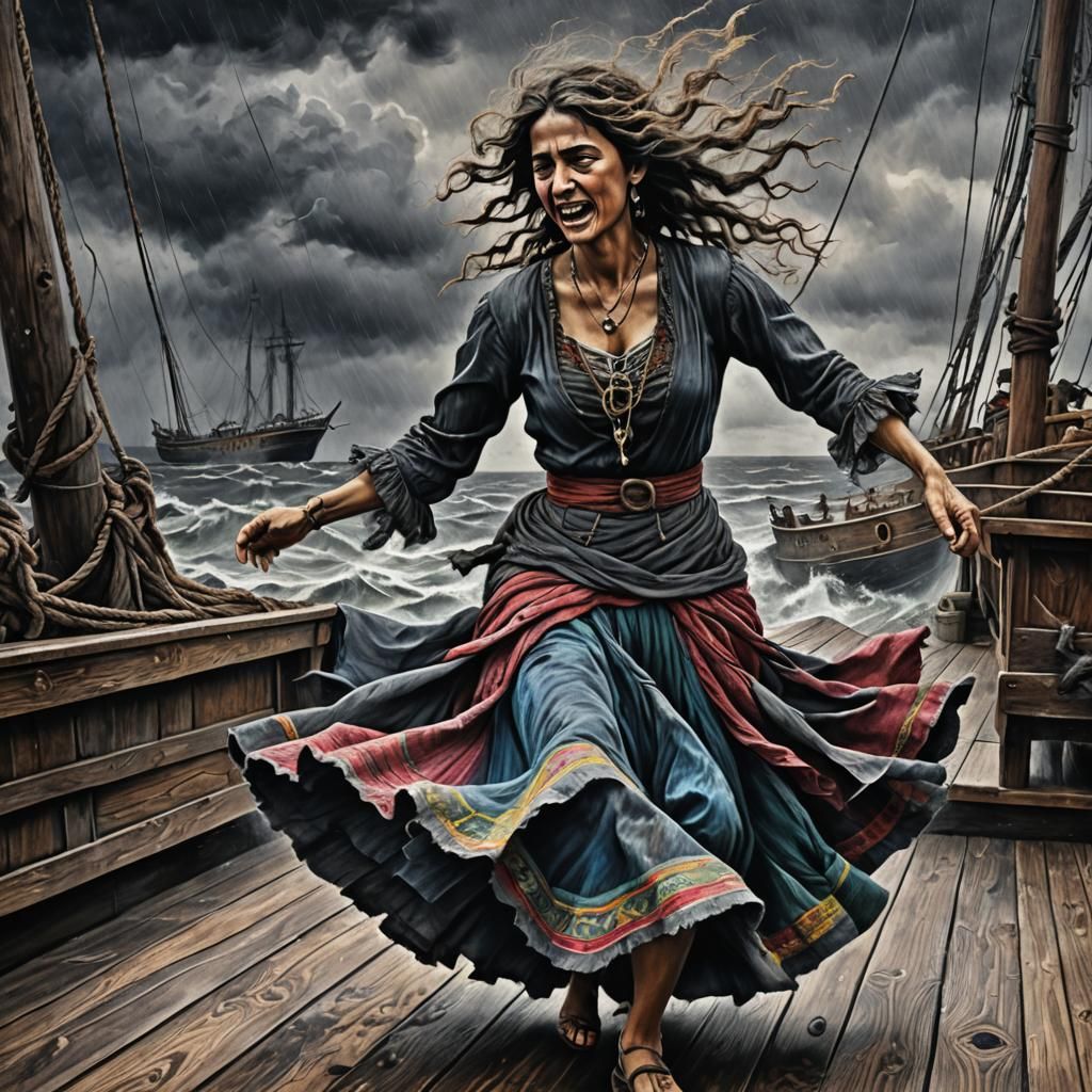 Gypsy Dancer on Stormy Ship Deck, Charcoal Drawing