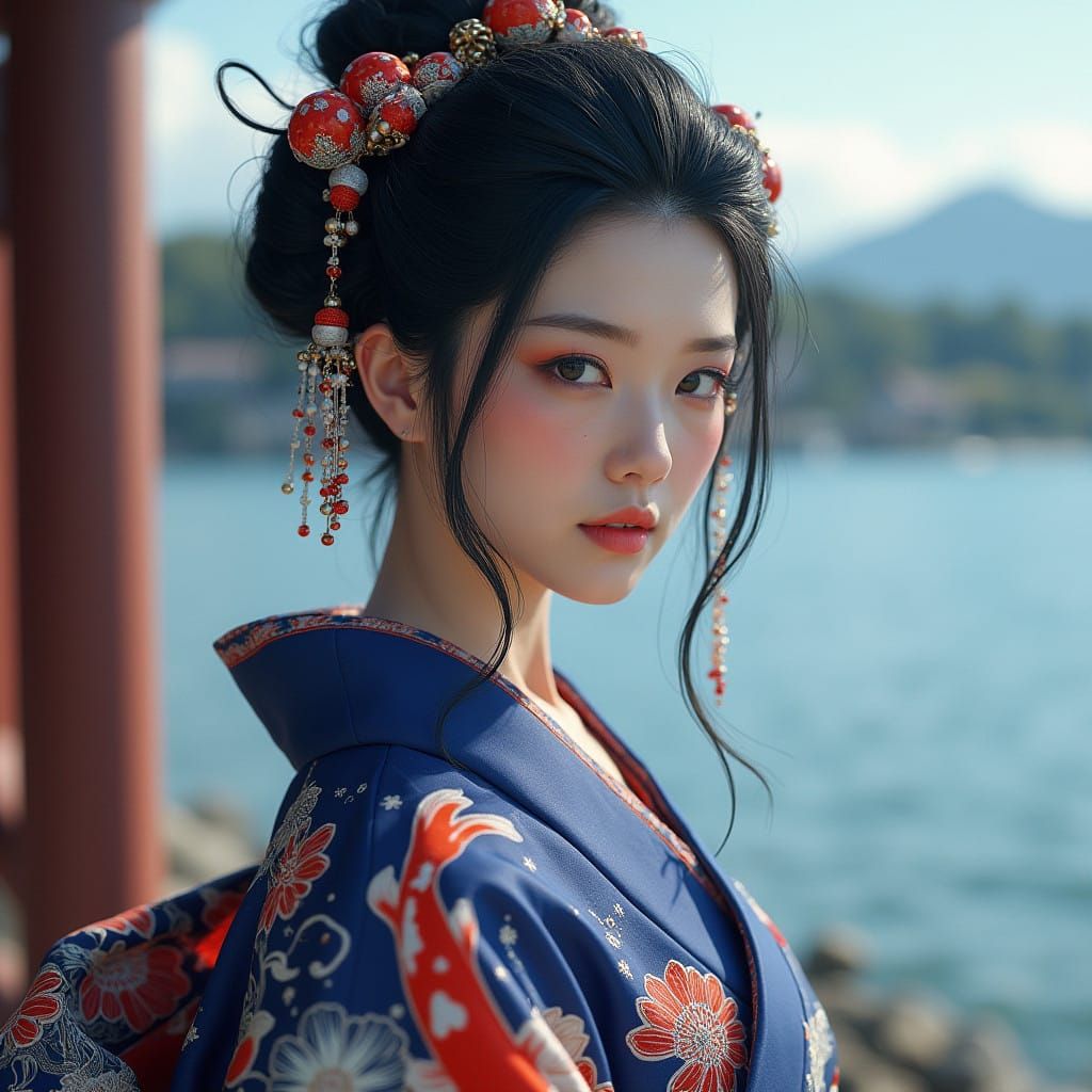 Edo Goddess of Sailing in Pacific Blue Kimono