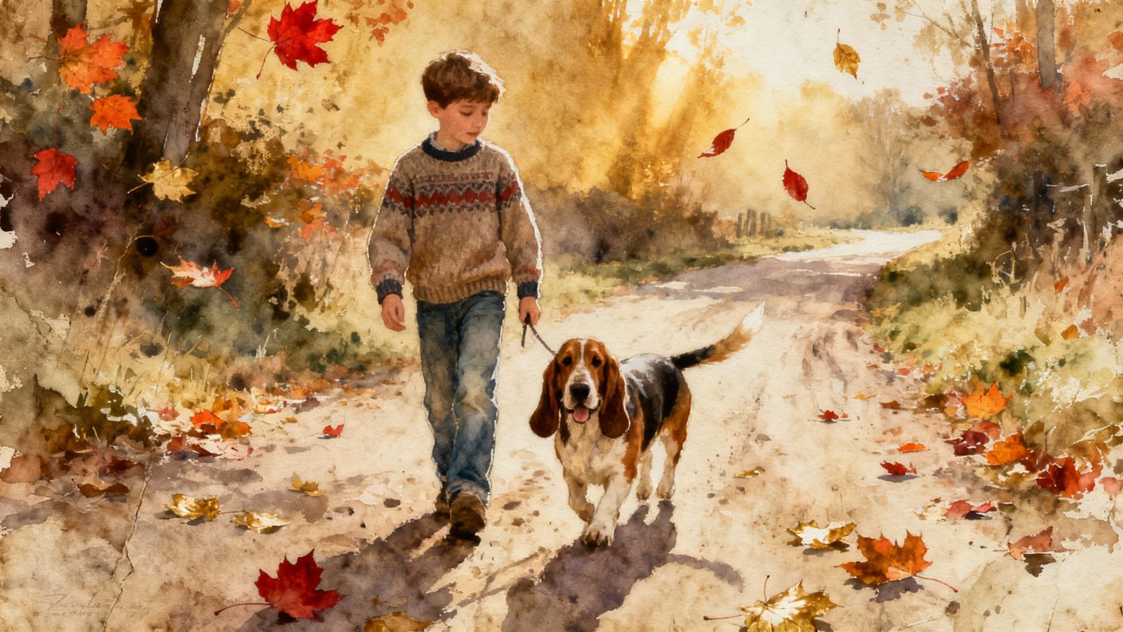 Boy and Bassett Hound Walk Autumn Country Lane in Watercolor...