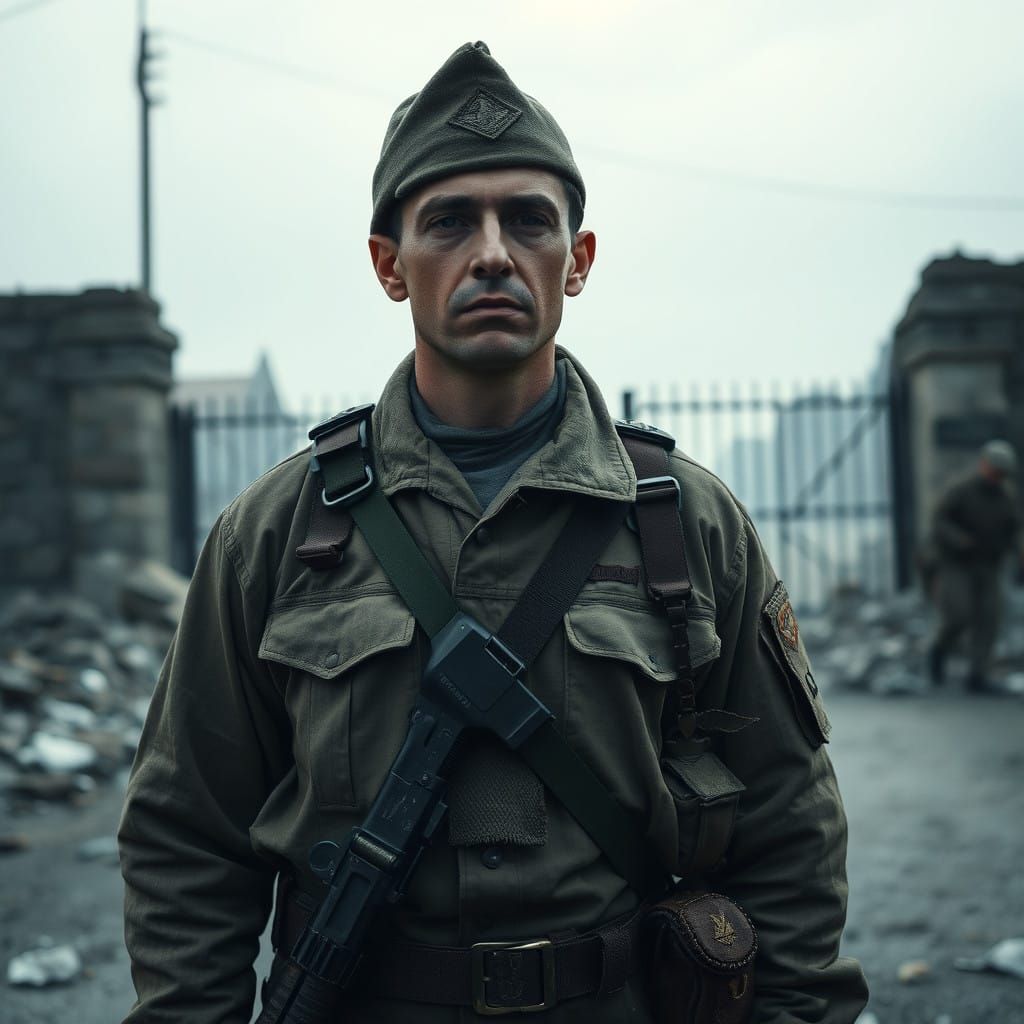 Weary Soldier Stands at Attention in War-Torn Landscape