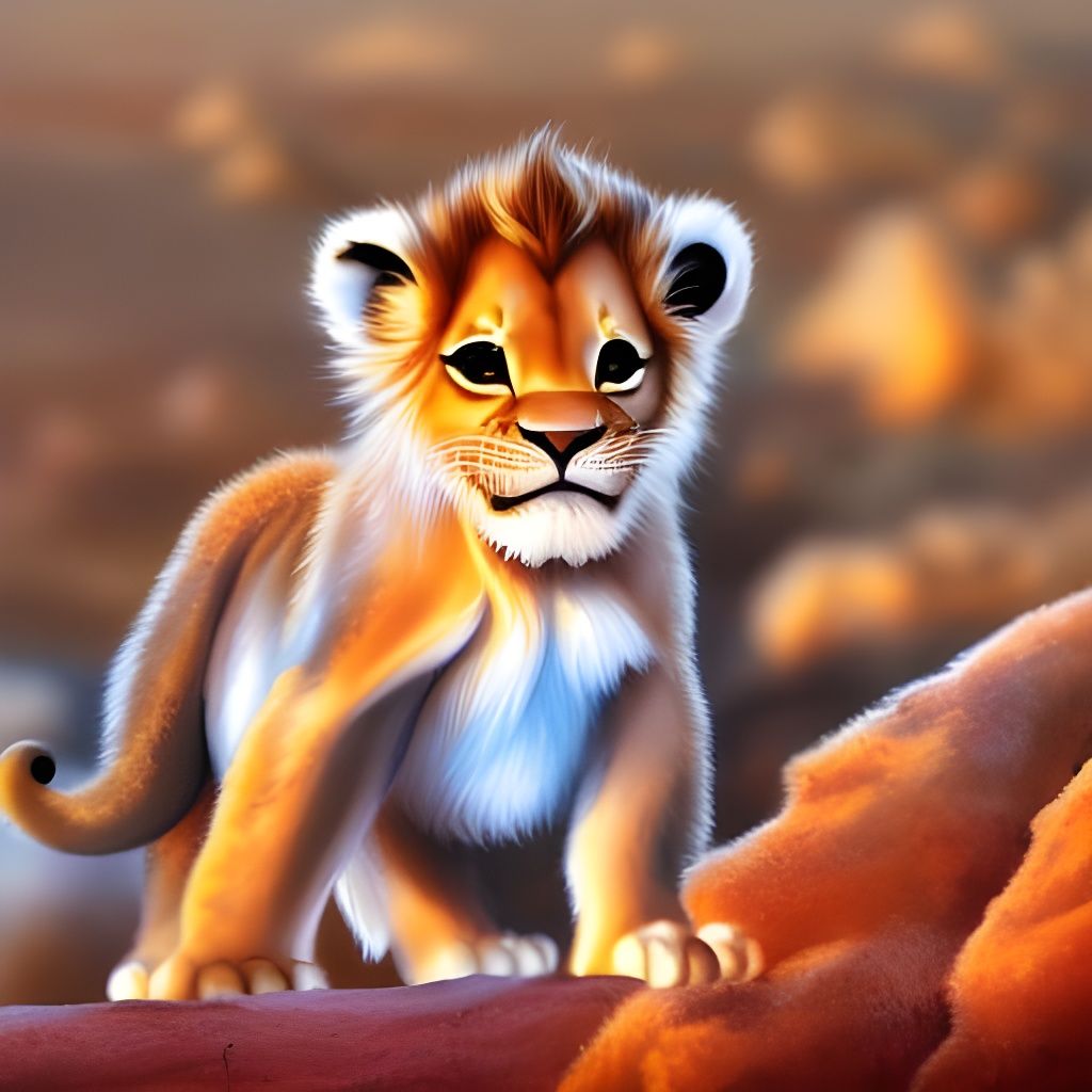Sad Lion Cub in Desert Landscape, Photorealistic Painting