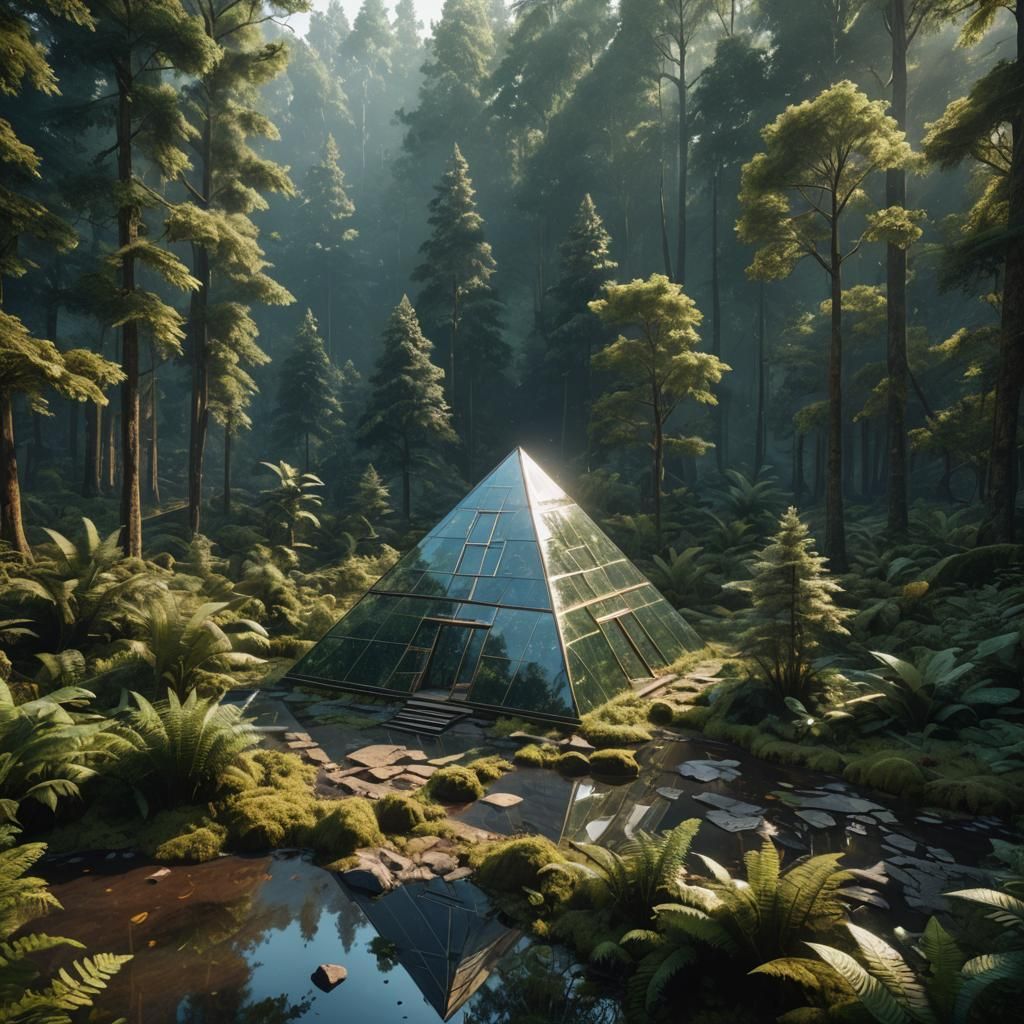 Reflective Glass Pyramid in Forest, Post-Modern Style