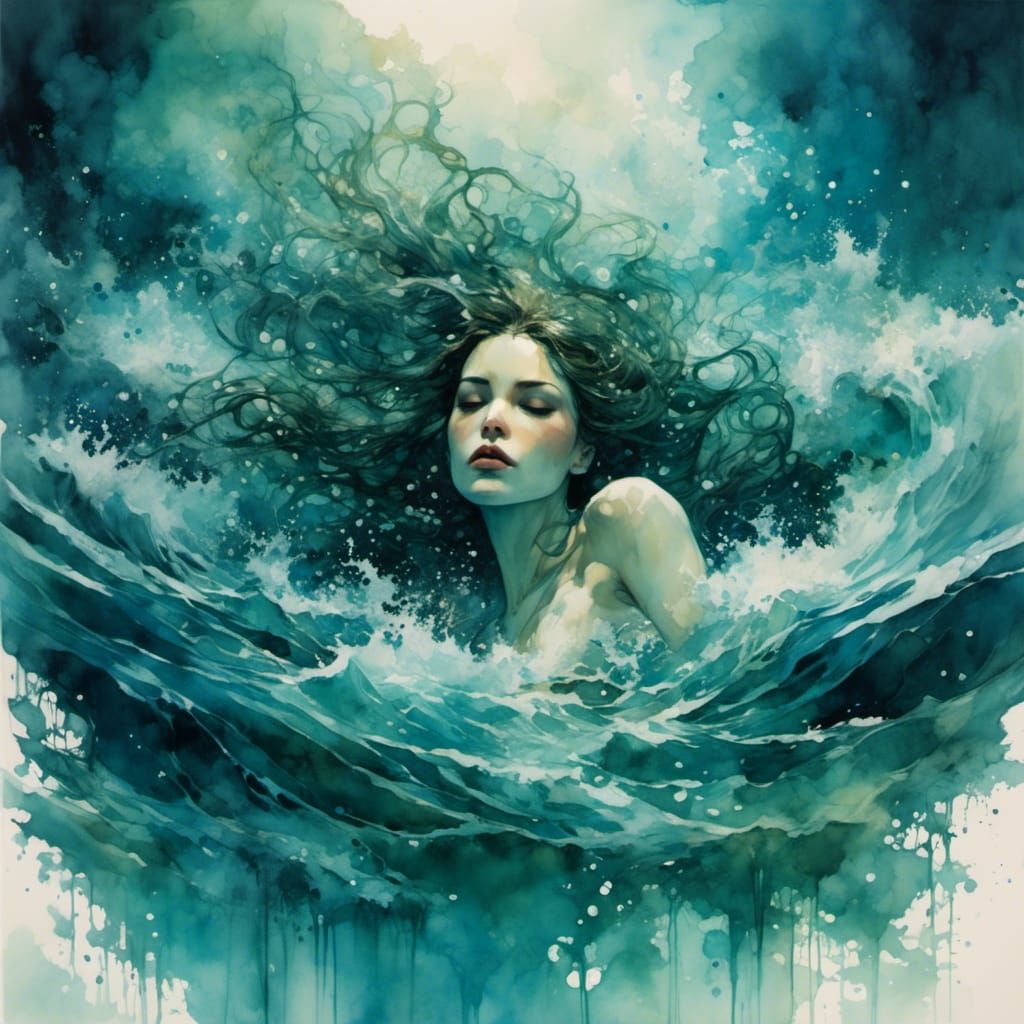 Drowning Woman in Watercolor Art Style