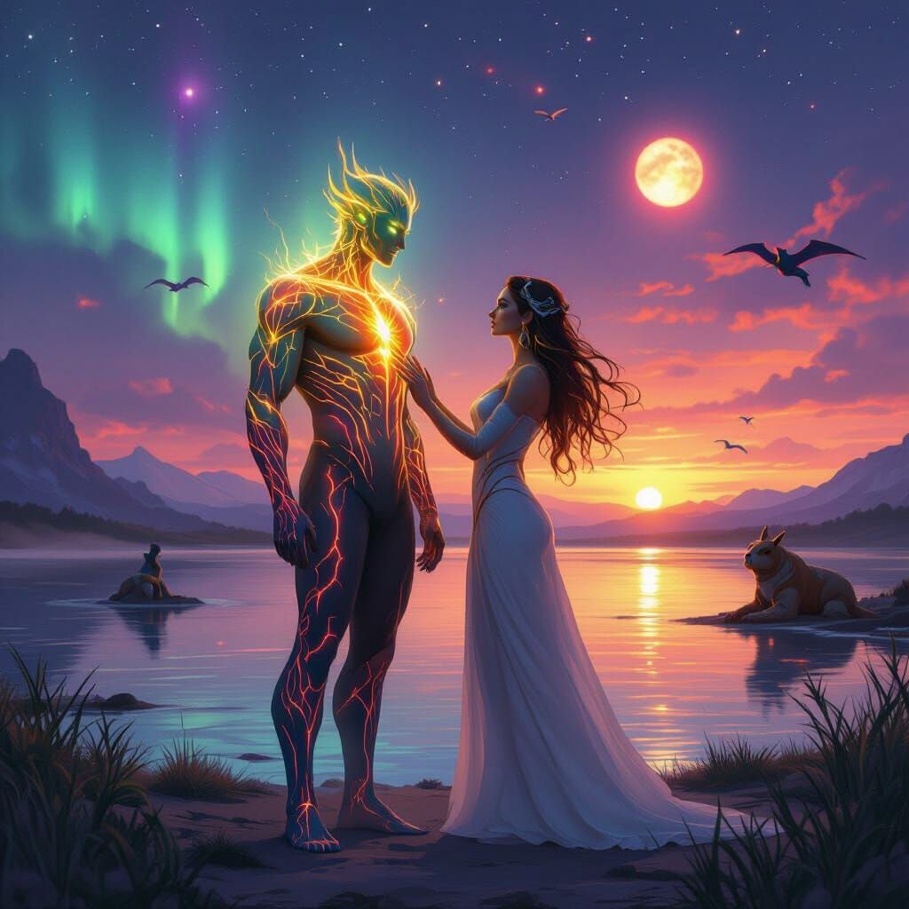 Radiant Humanoid and Companion by Misty Lagoon at Sunset