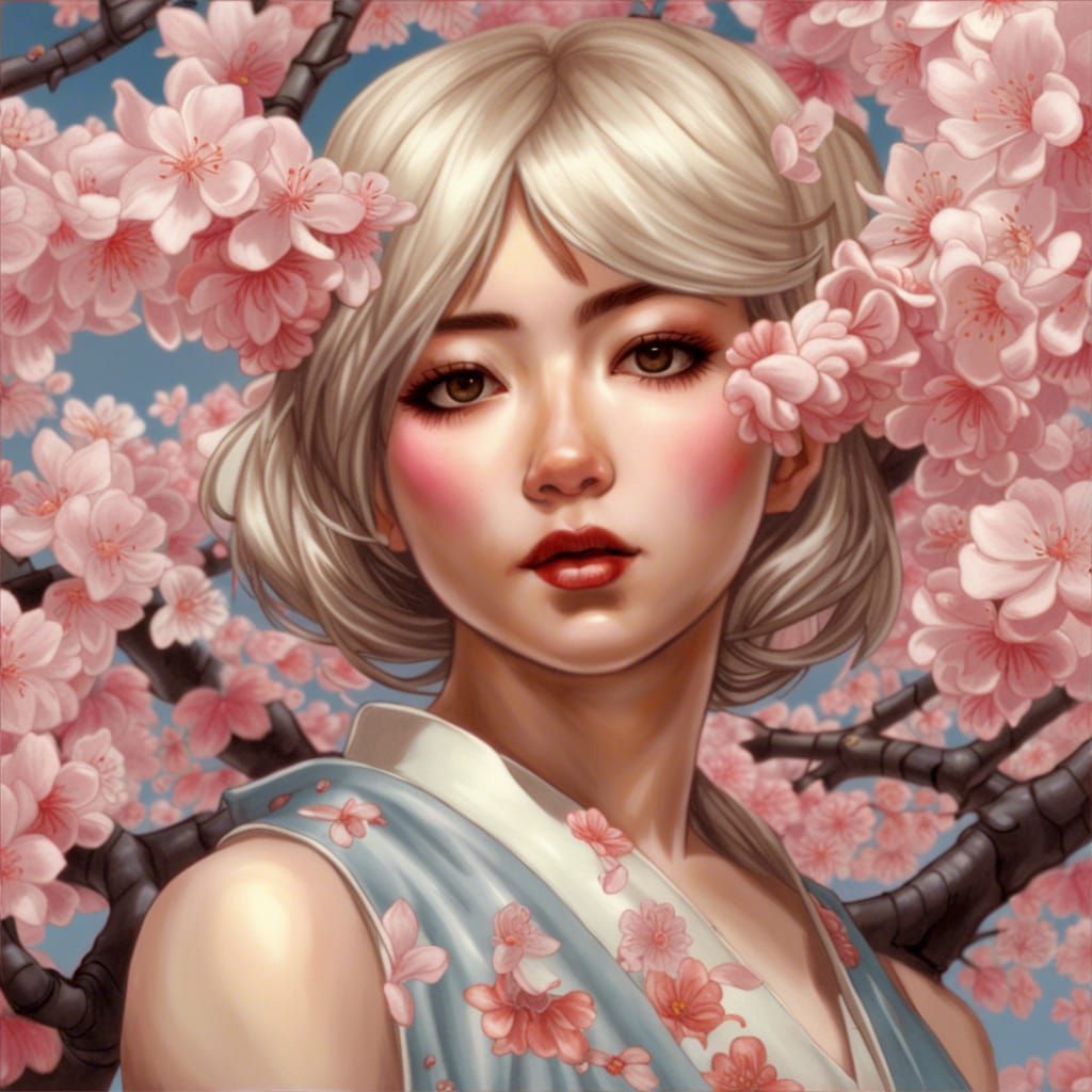 Photo Realistic Japanese Girl with Cherry Blossoms