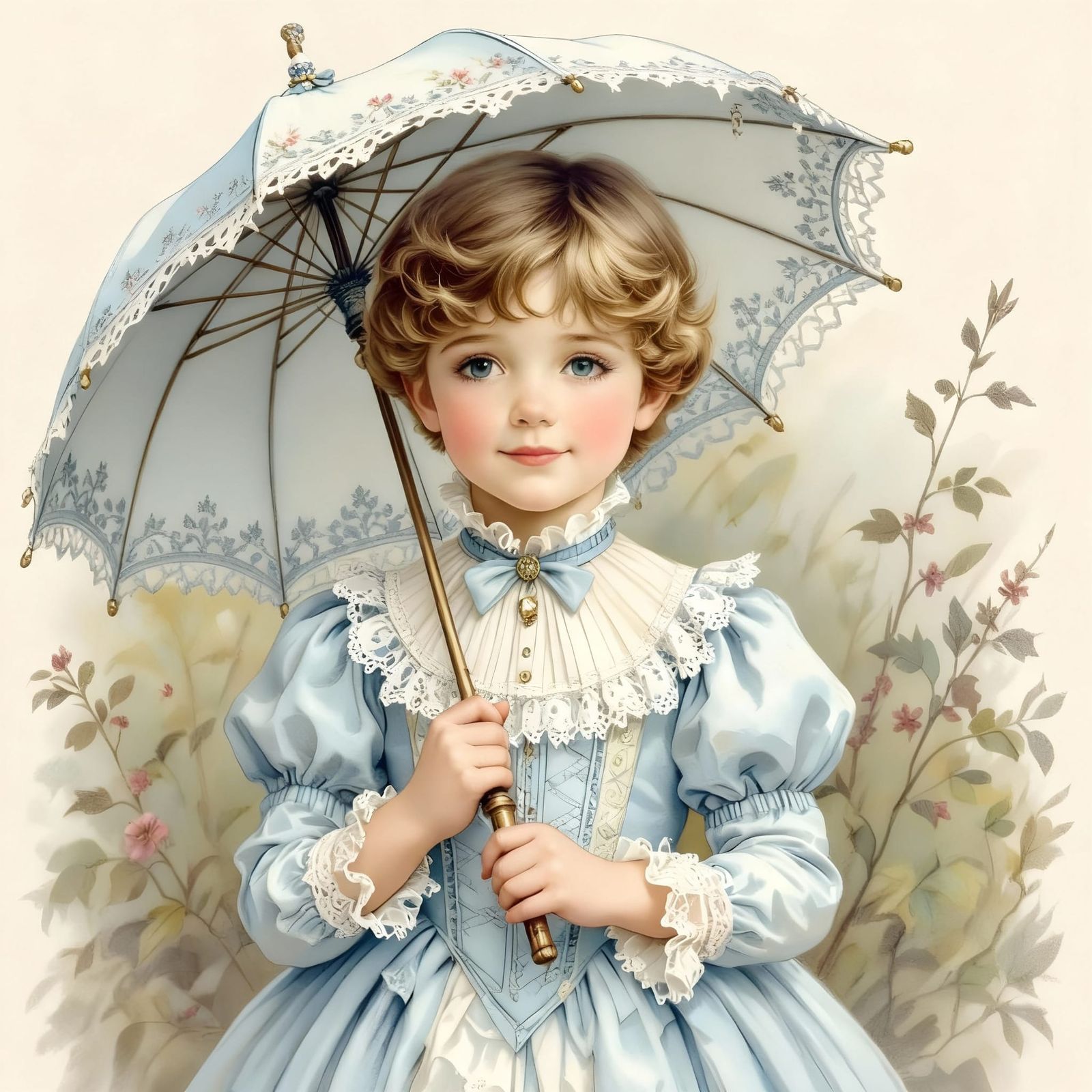 Boy in Dress Holding Parasol, Pencil Drawing Style
