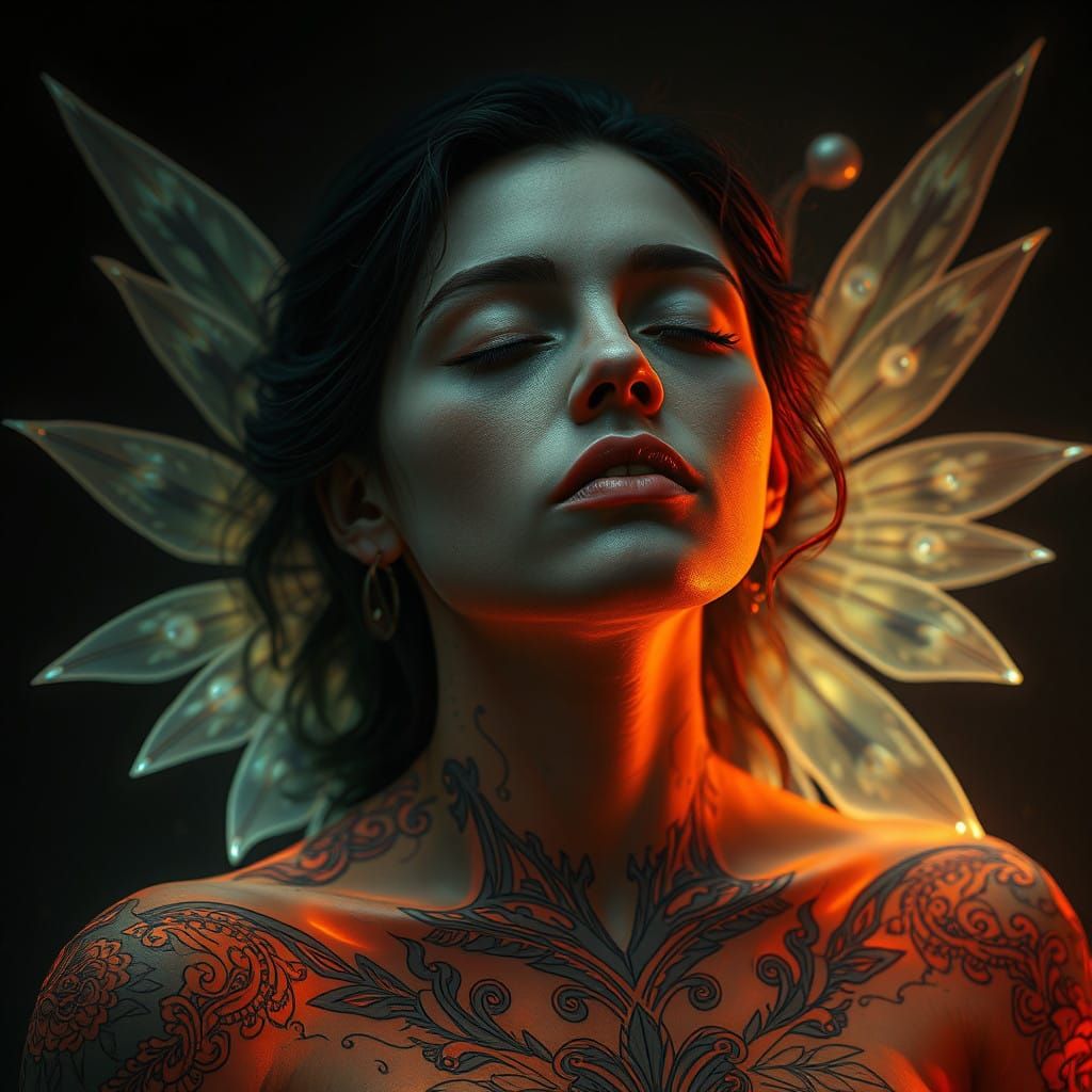 Ethereal Woman in Deep Serene Slumber with Mystical Tattoos....