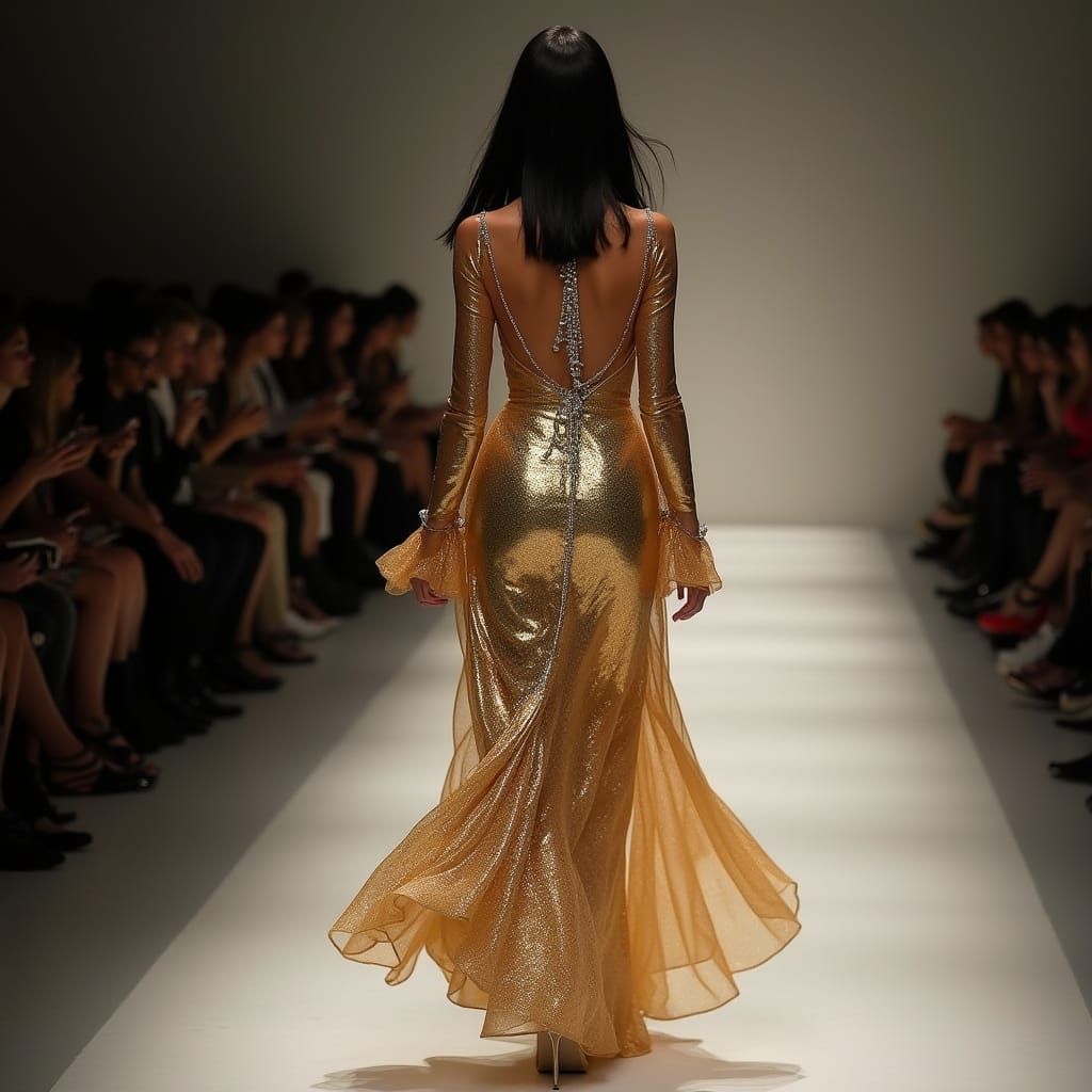 Hyperrealistic Model Struts Down the Runway in a Shimmering ...