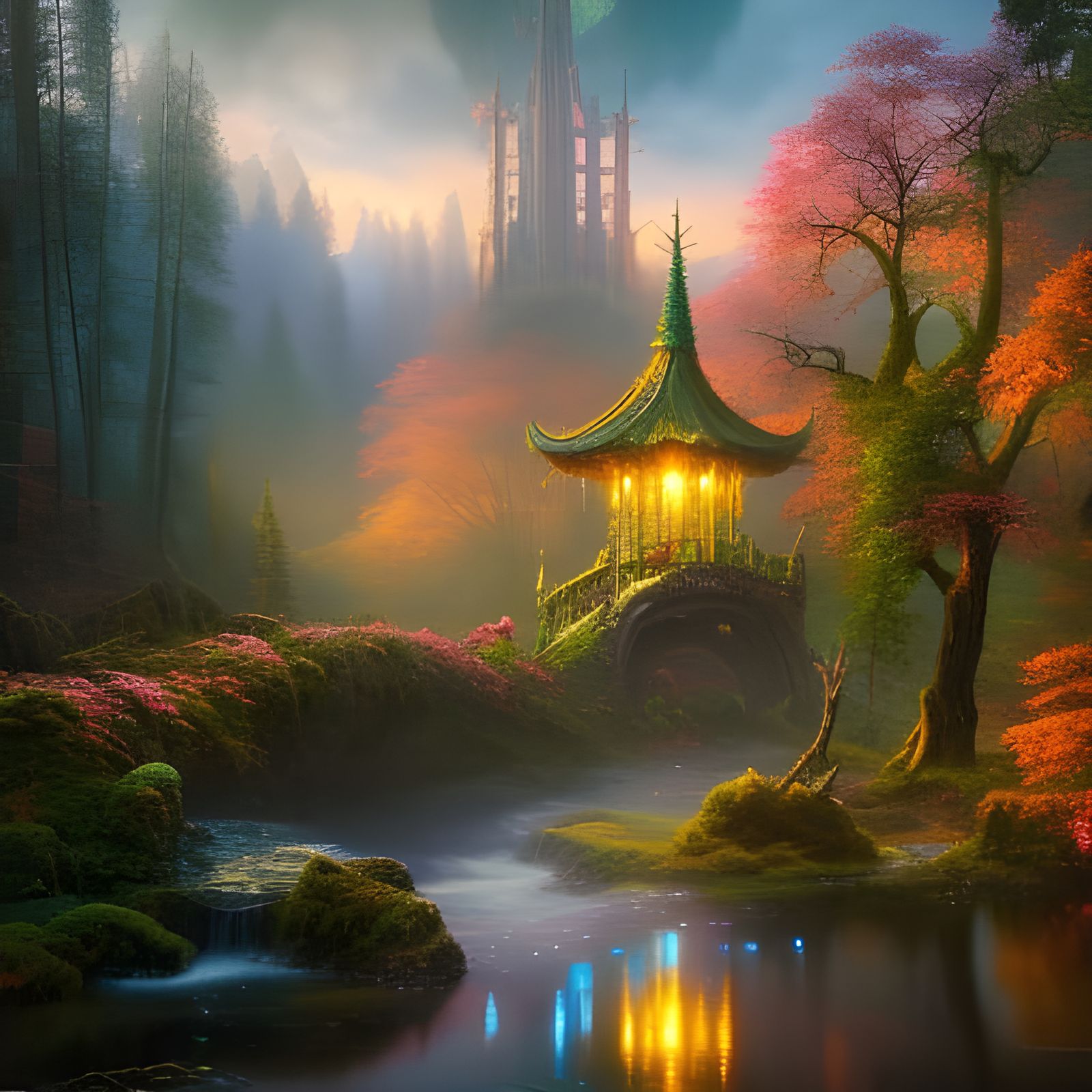 Enchanted Forest with Fairy Lights, Hyperdetailed Digital Pa...