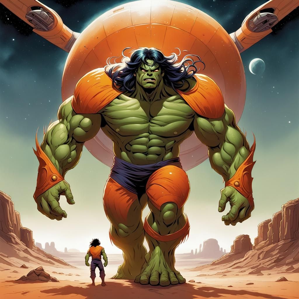 Orange Hulk Gazing at Spaceship, Comic Art