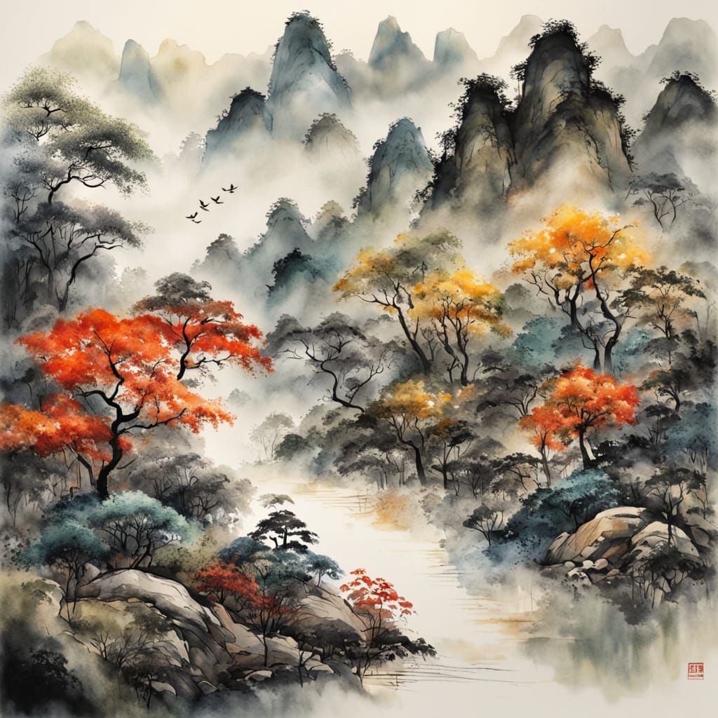 Serene Forest: A Chinese Ink Painting