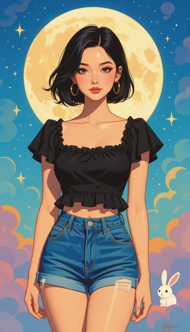 Thai Woman in Gouache Style With Moon Rabbit