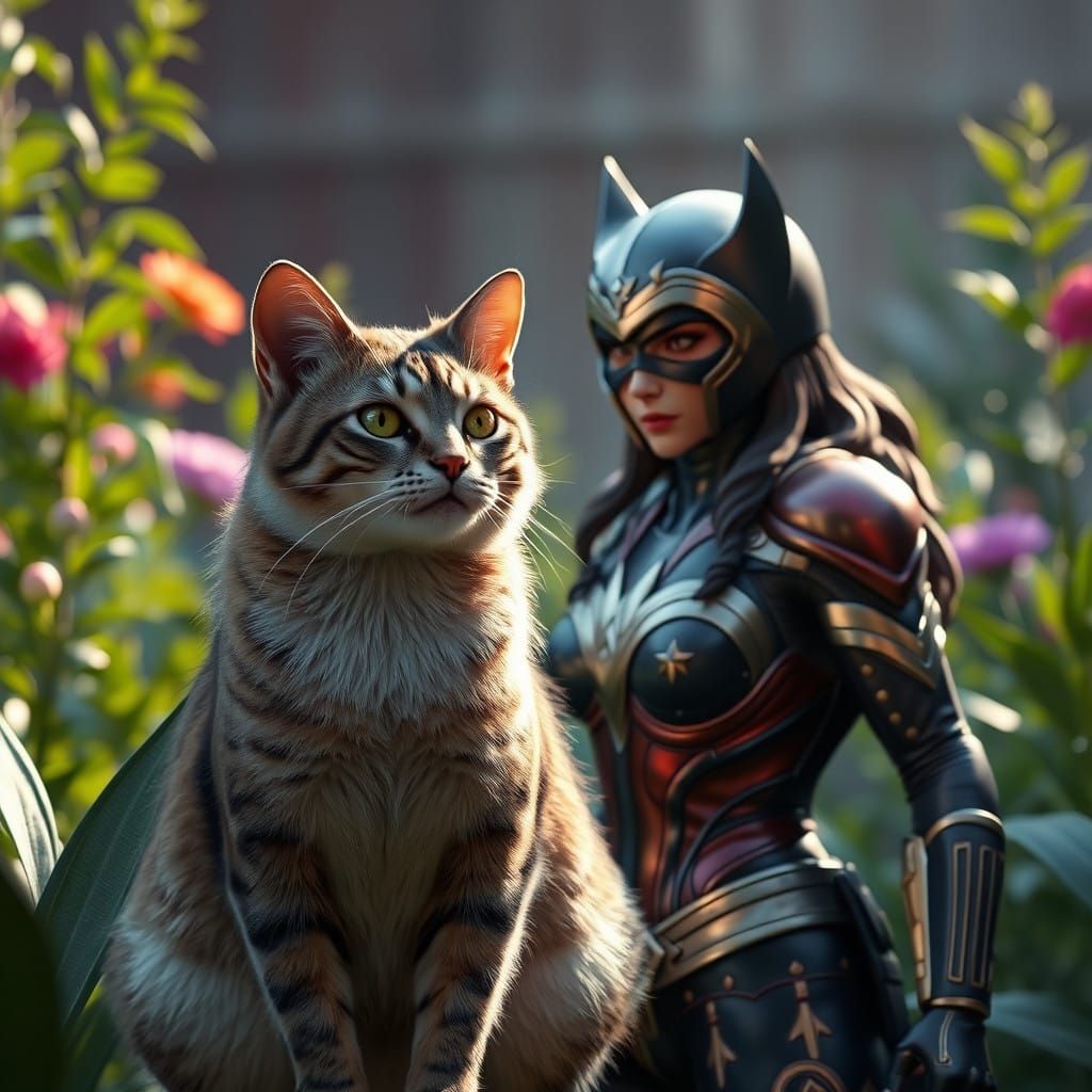 Wonderwoman and Feline Companion in a Vibrant Garden Scene