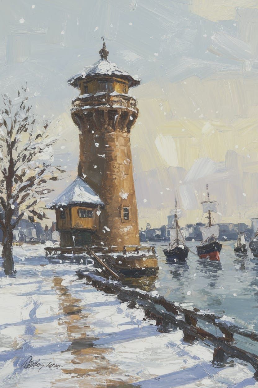 Winter Harbour Watchtower in Expressive Impasto Style