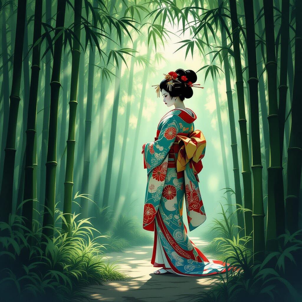 Jugendstil Geisha in Bamboo Forest with Ethereal Light