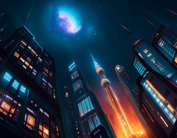 Skyscrapers Under Milky Way: Digital Art