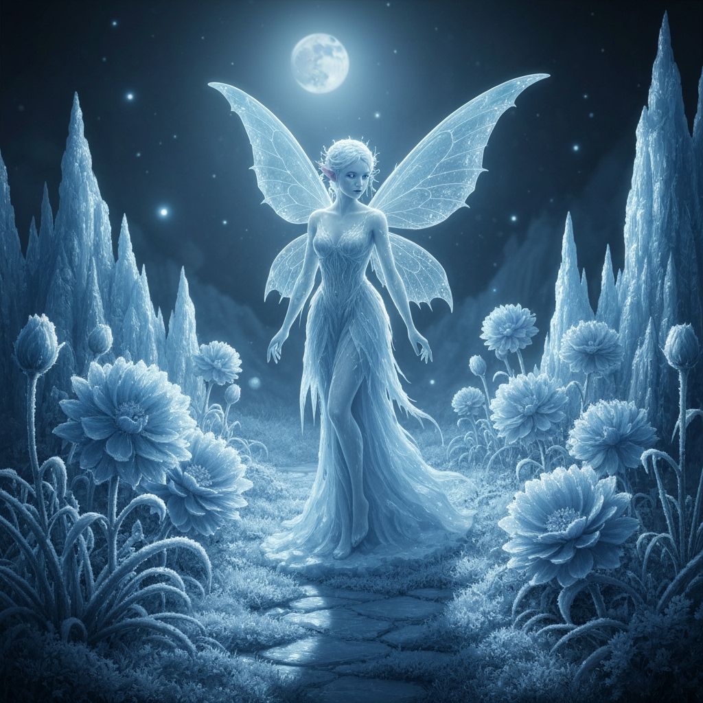 Ethereal Ice Fairy in Frost-Kissed Garden