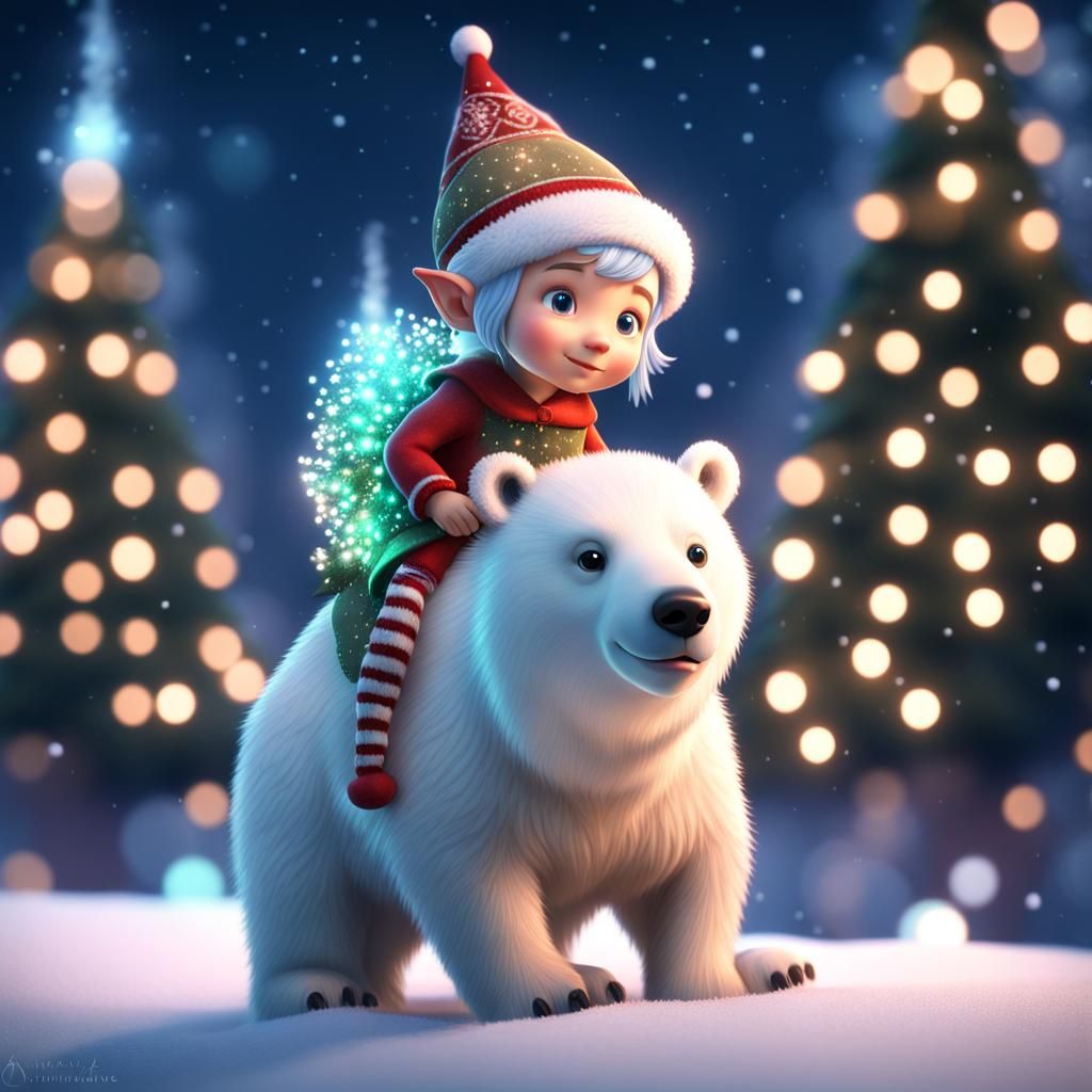Whimsical Elf Rides Fairy-Lit Polar Bear
