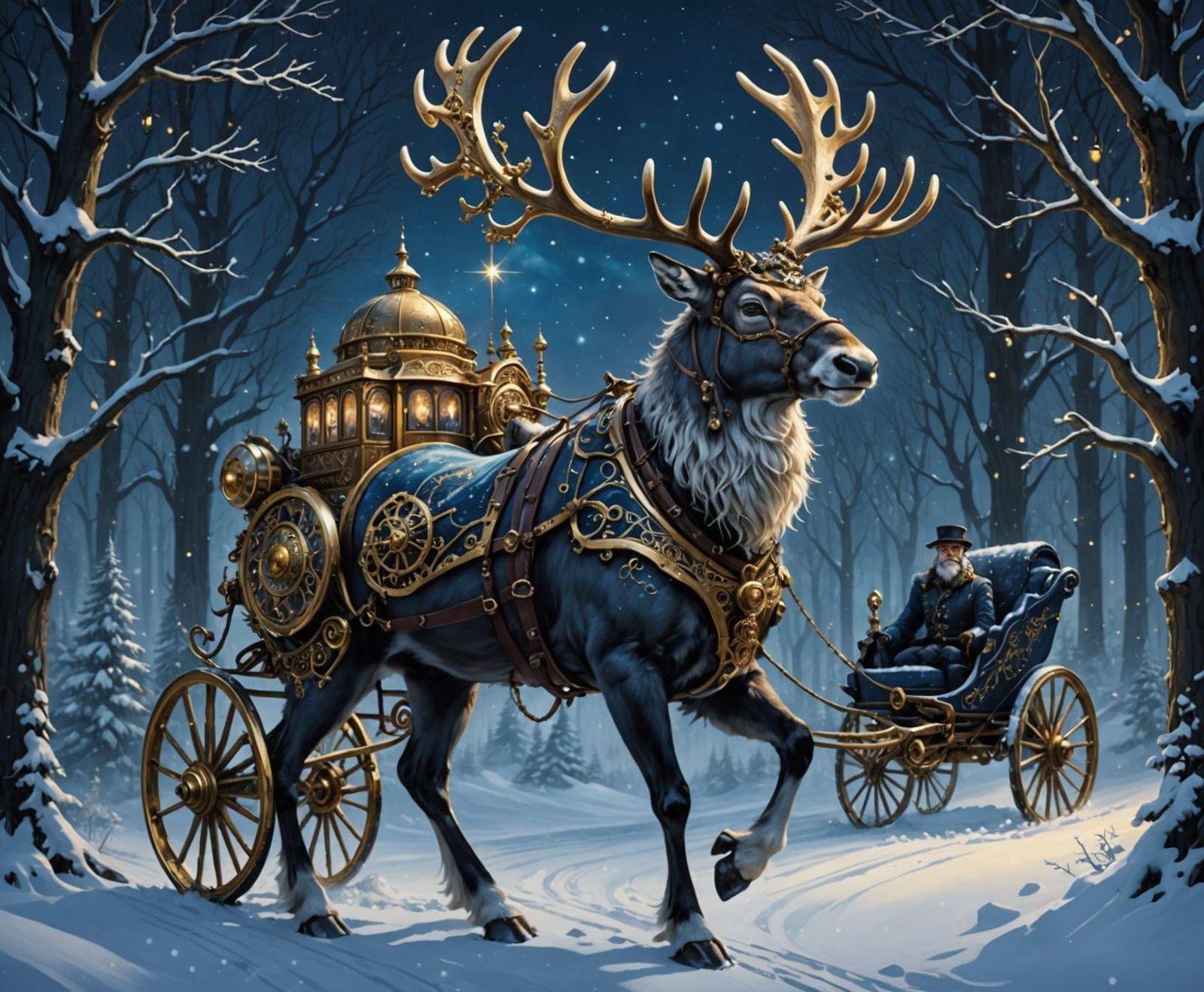 Steampunk Reindeer Pulls Gilded Carriage in Enchanted Forest