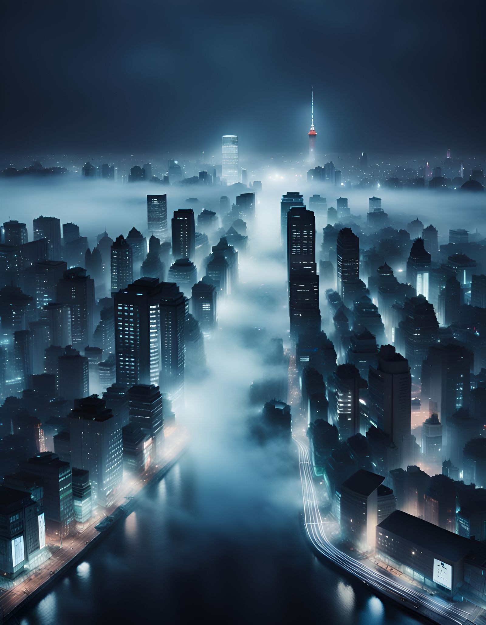 Foggy City Nightscape: Matte Painting in Neoism Style