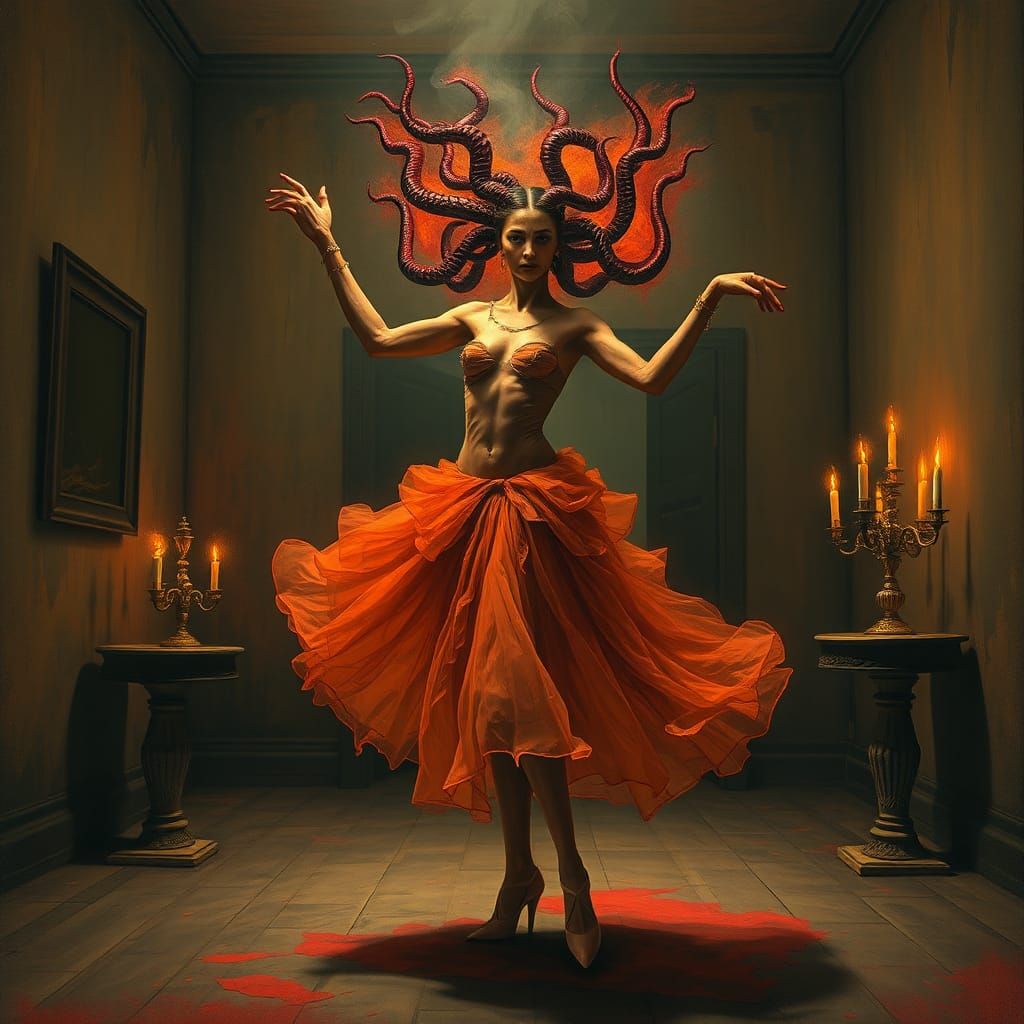 Fiery Medusa Ballerina Dancing in Melting Ballroom