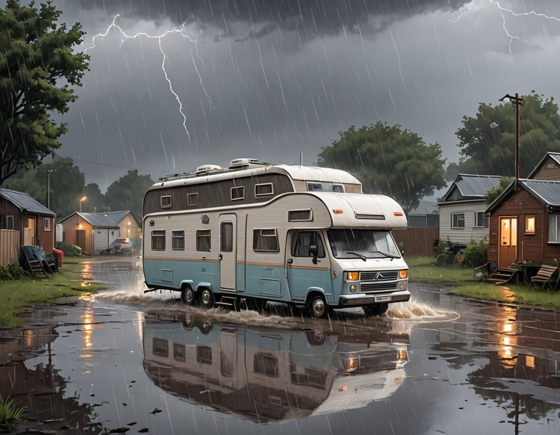 Cartoon Static Caravan in Thunderstorm