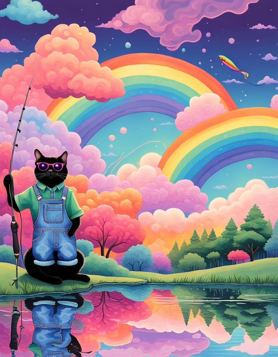 Tuxedo Cat Fishing in a Psychedelic Rainbow Pond