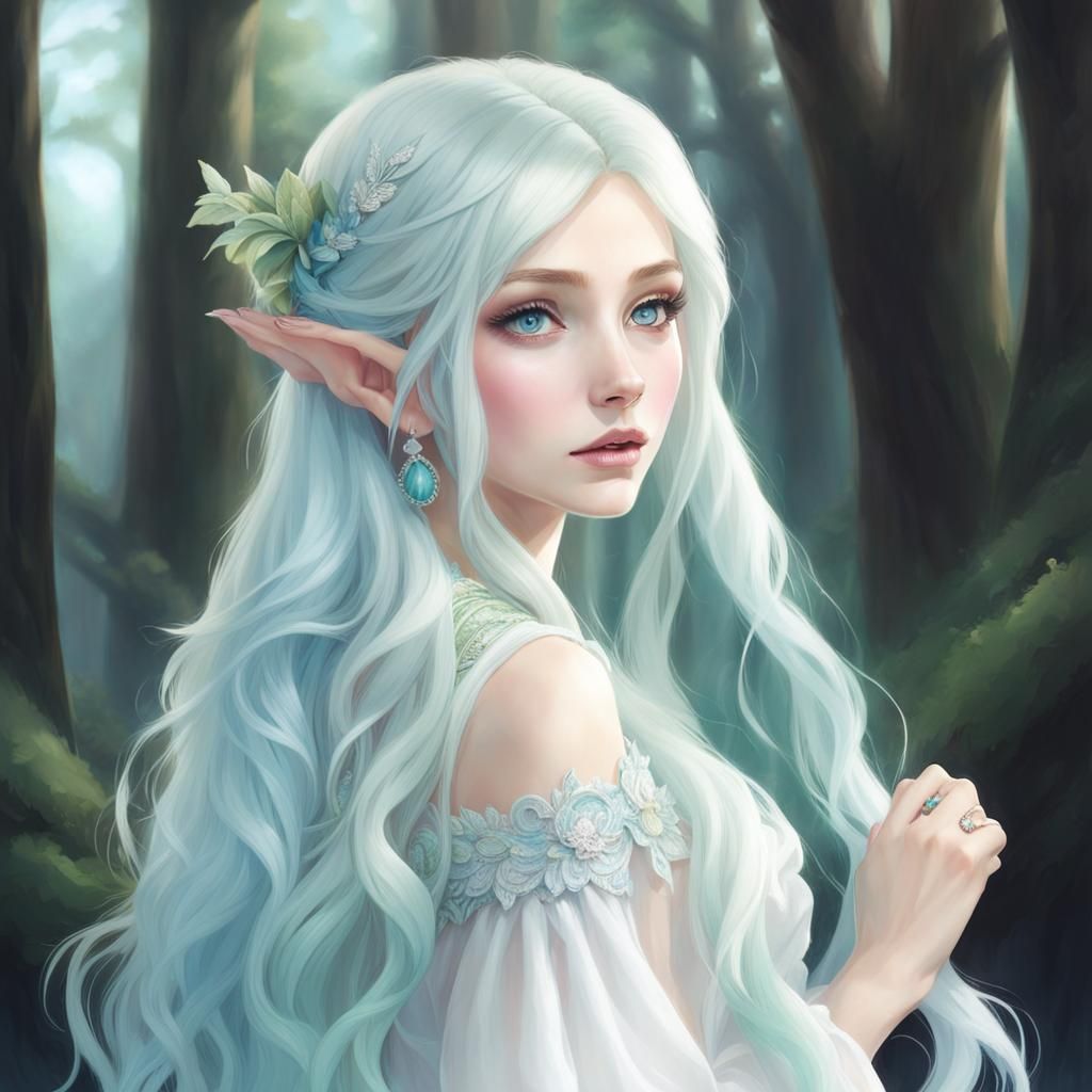 Pastel Elf Woman with Flowing White Hair