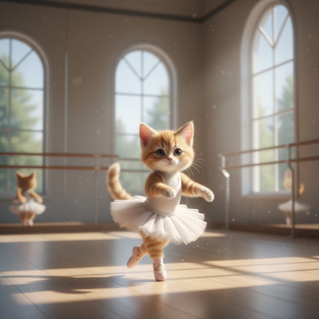 Adorable Kitten Ballerina Twirling in Sunny Ballet Studio