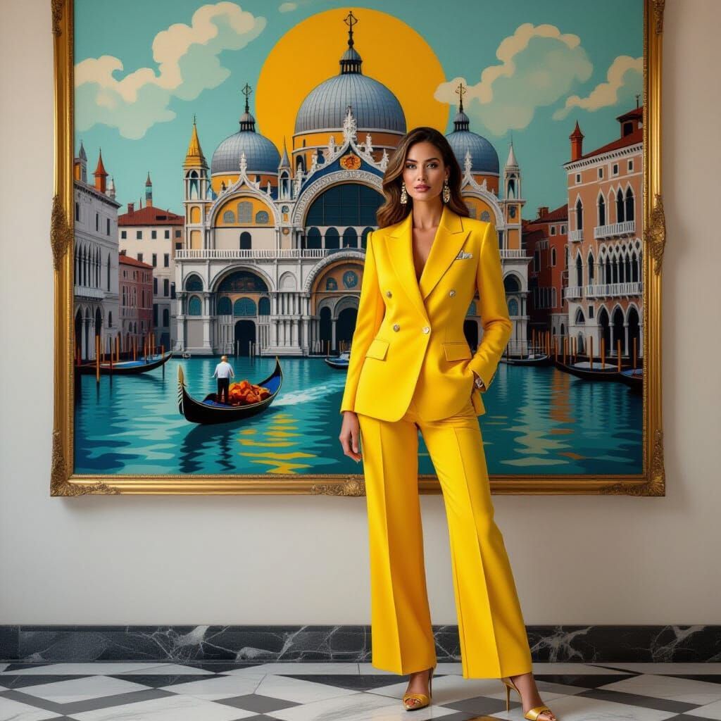 Businesswoman in Yellow Suit With Luxury Painting