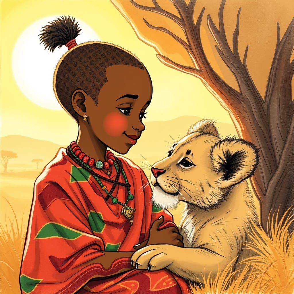 Maasai Warrior and Lion Cub in Whimsical Style