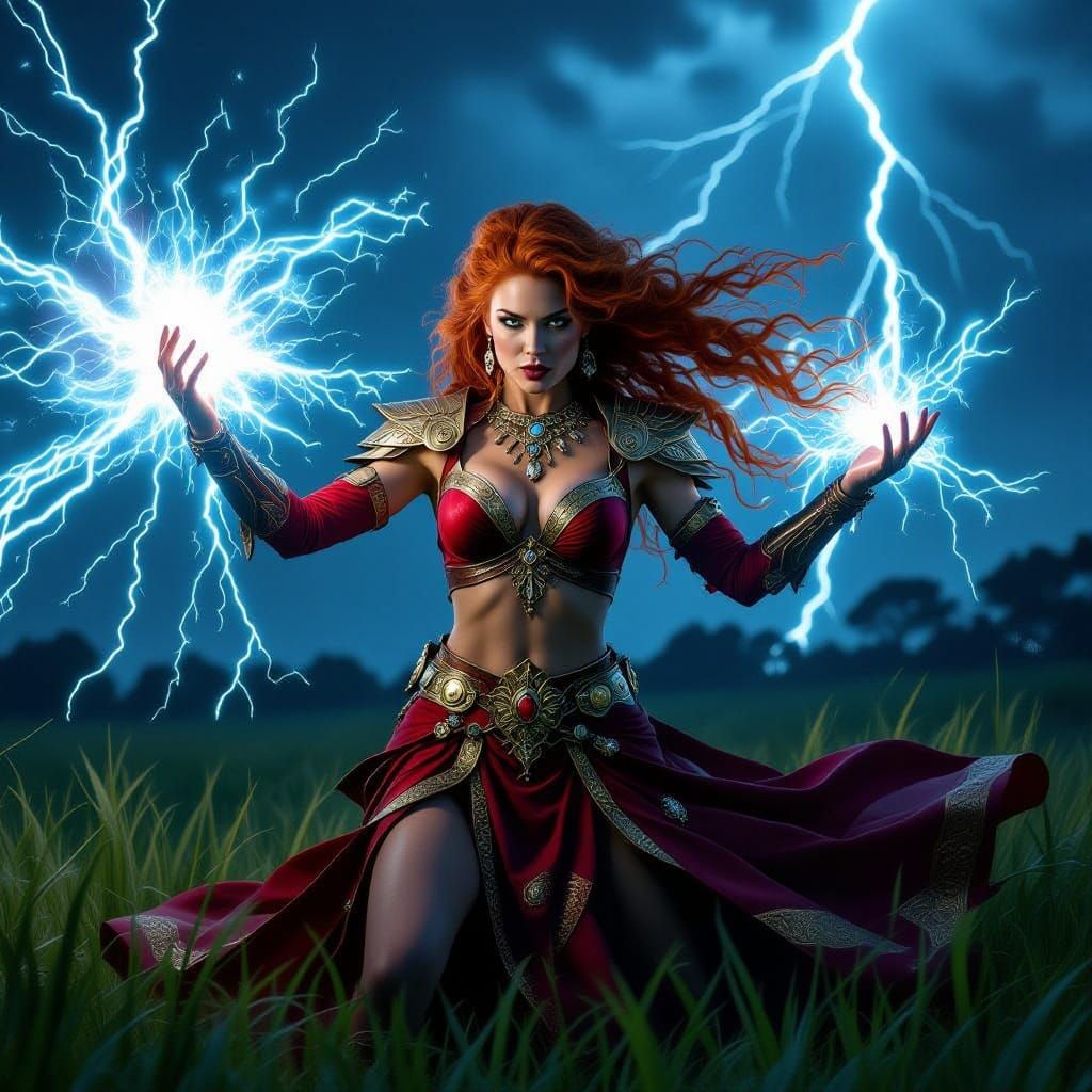 Enchantress Unleashes Celestial Magic in Crimson Splendor