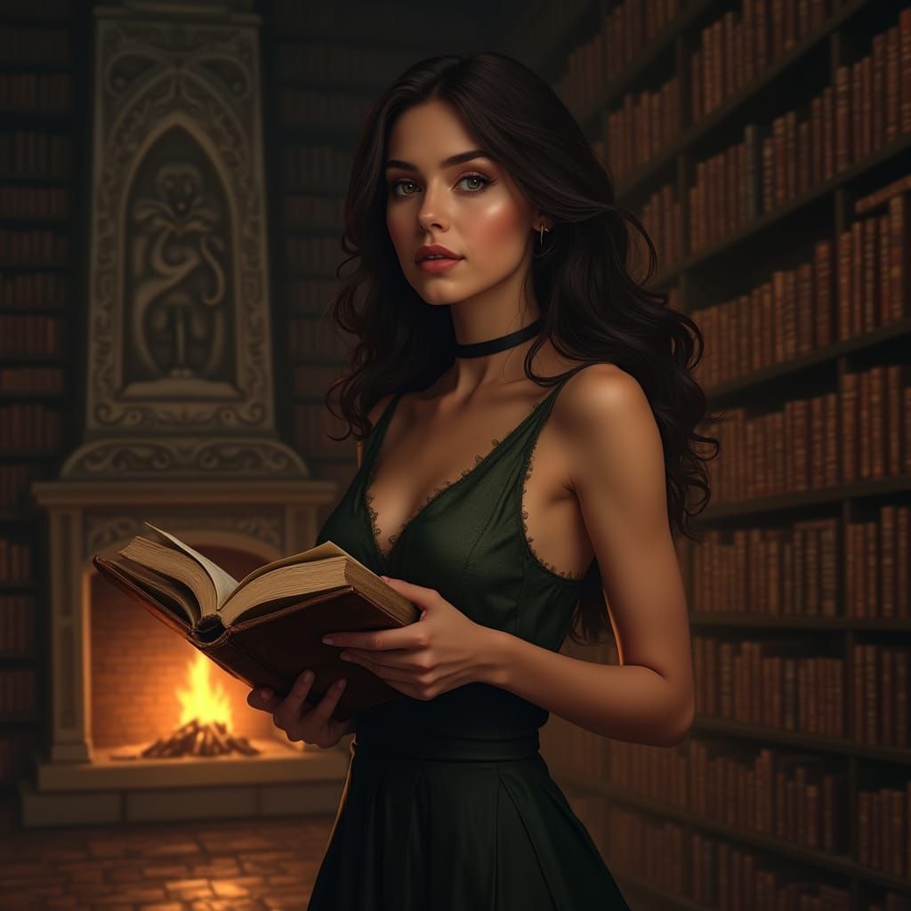 Enchanting Woman Wielding Magic in Library, Photorealistic R...