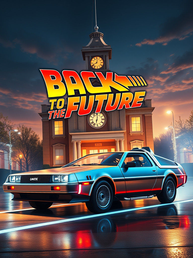 Film poster, a glowing DeLorean in front of an American town hall with a clock turret - lettering 'Back to the Future '