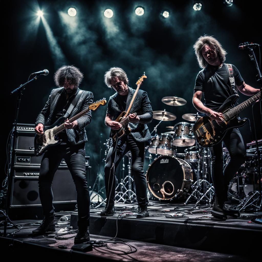 1980s Band on Broken Stage: Hyperrealistic Image