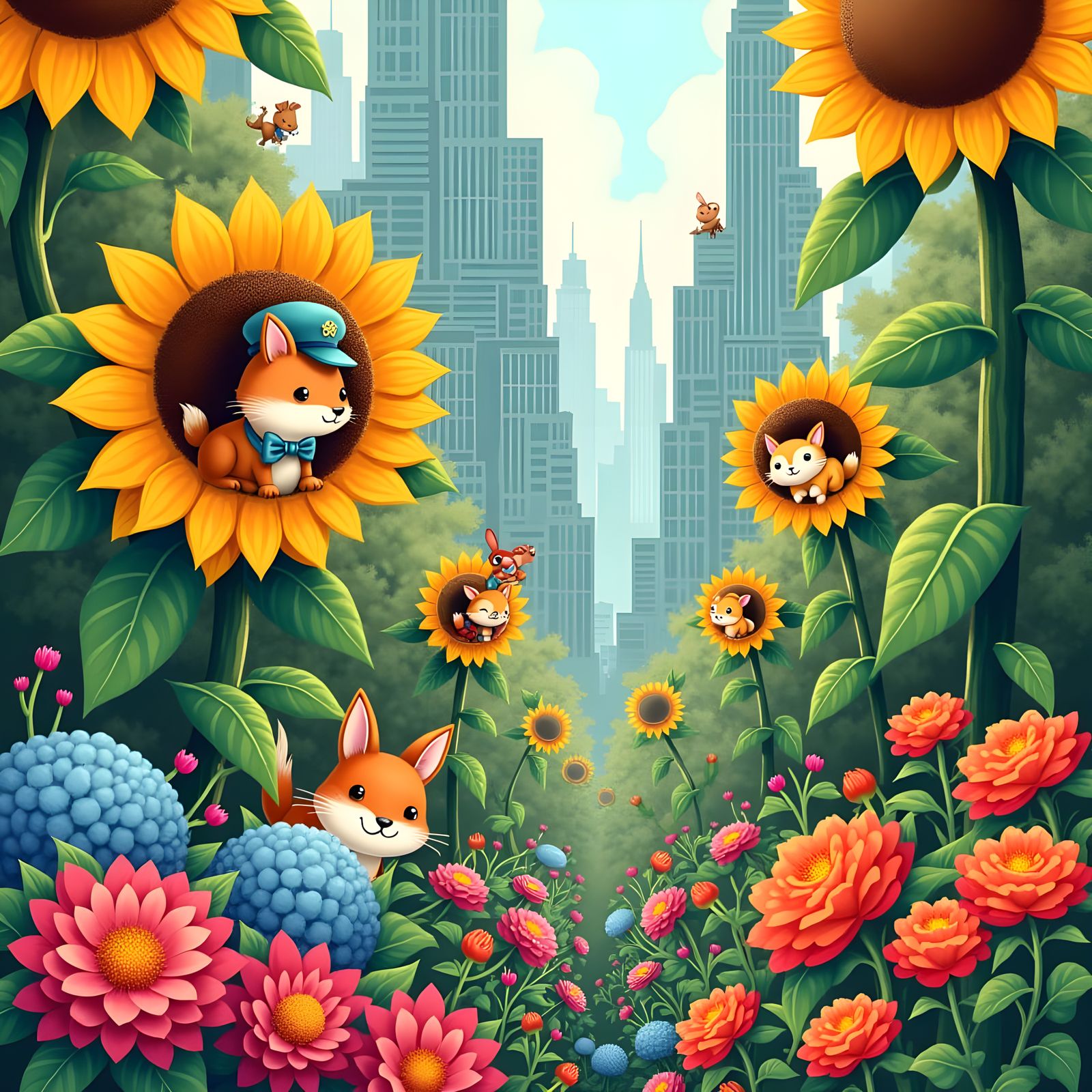 Floral Cityscape with Cartoon Animals