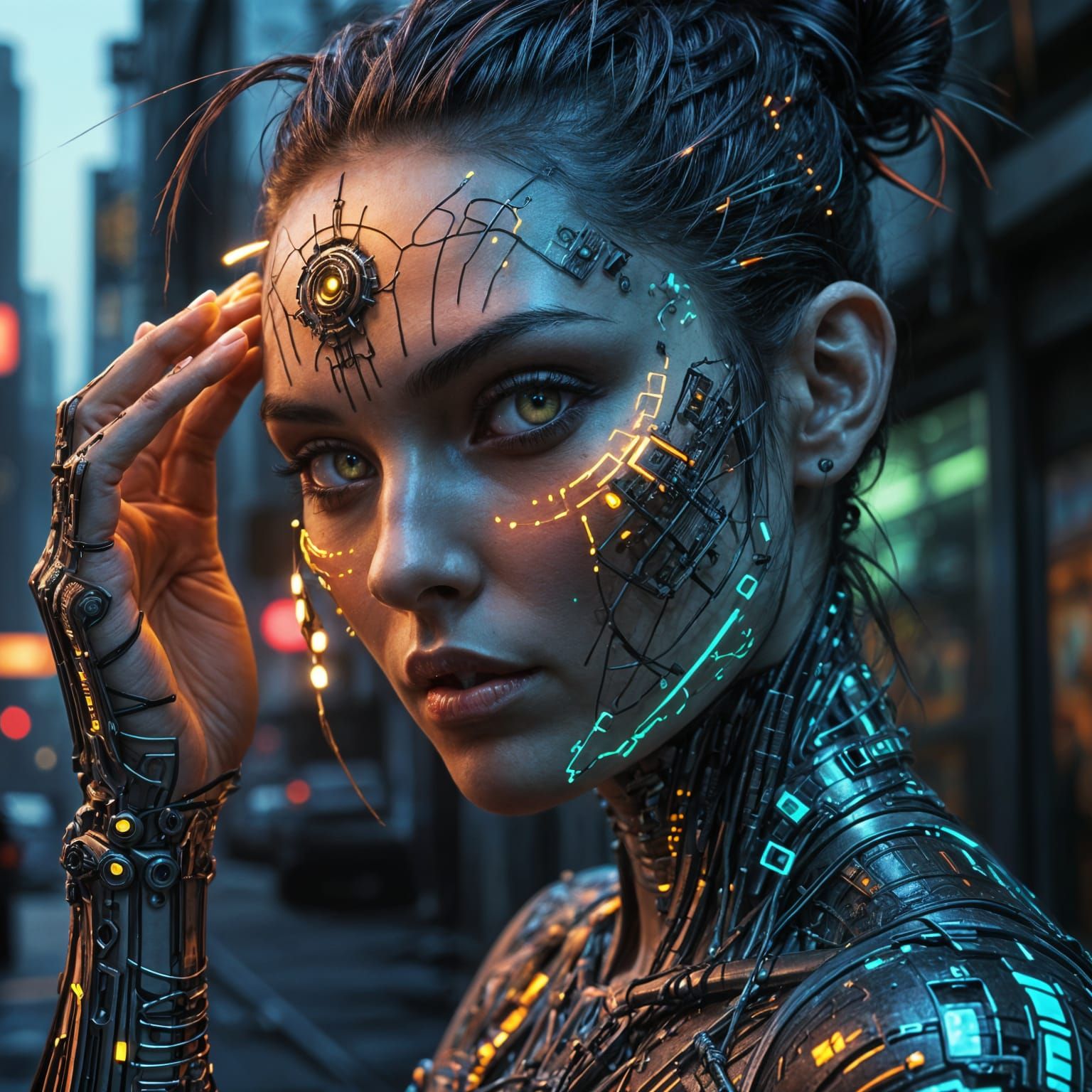 Cyberpunk Goddess with Neon Circuitry Tattoo