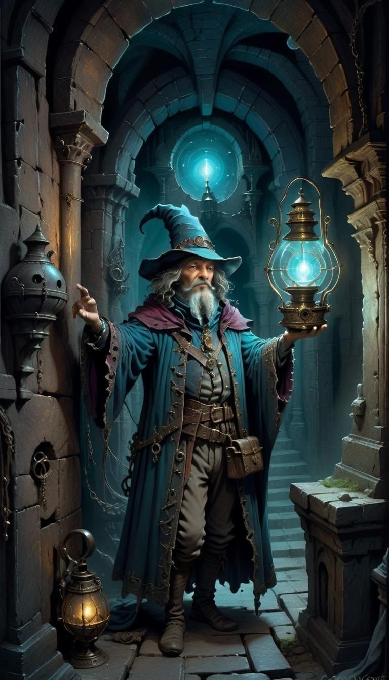 Sorcerer in Baroque Dungeon with Magic Lantern