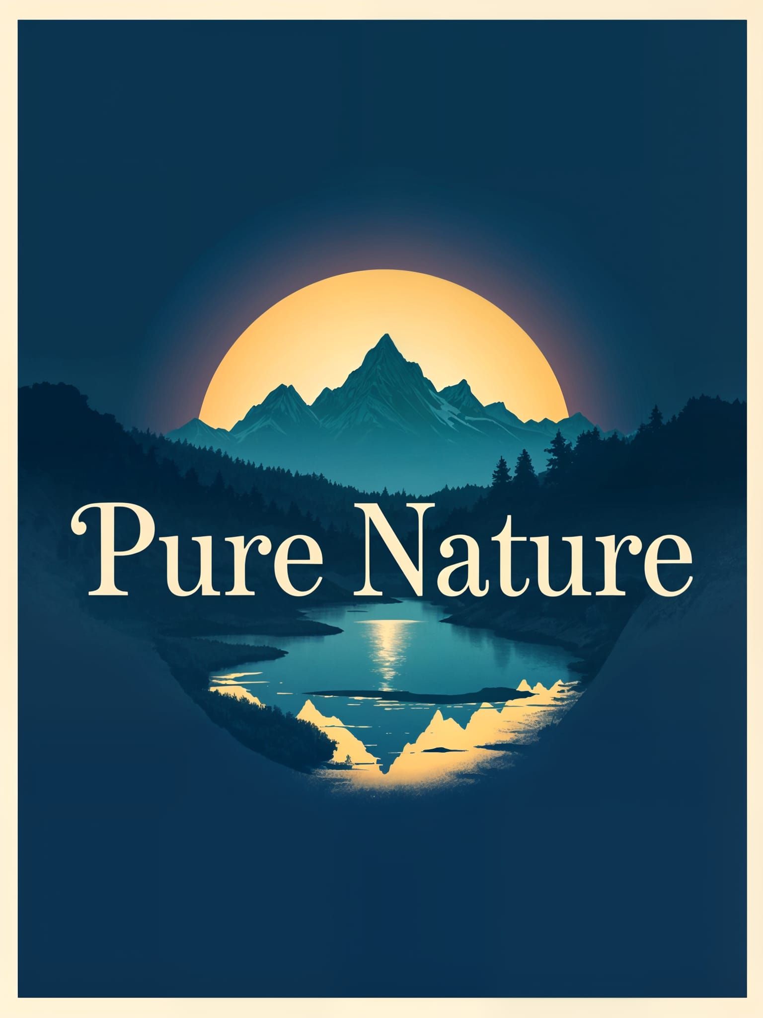 Vintage Nature Vista T-Shirt Design with Mountain River Refl...
