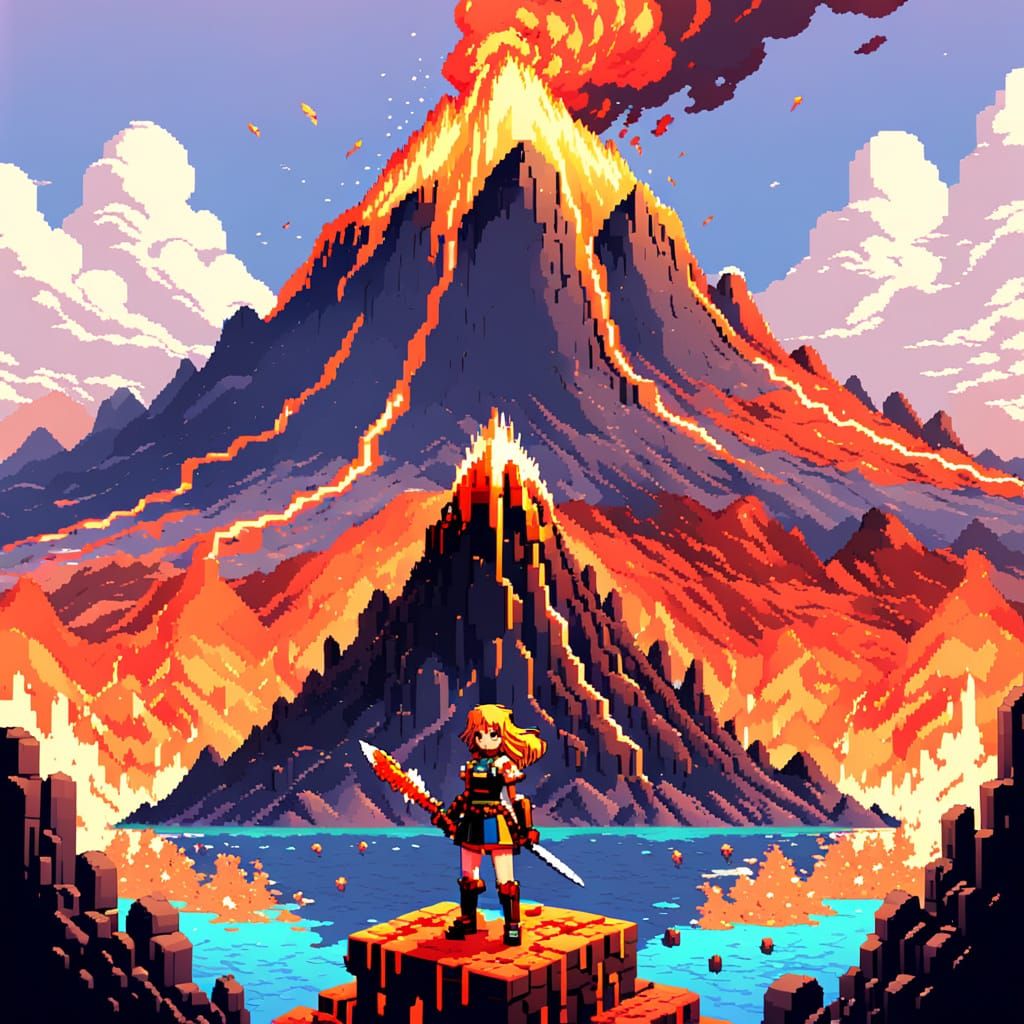 Anime Warrior Girl and 8-Bit Floating Volcano